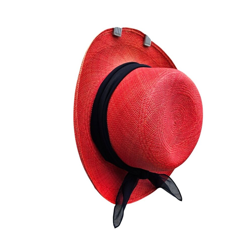 Vintage Red Straw Hat by Saks Fifth Avenue Union Label USA 22.5" Medium - Picture 14 of 16